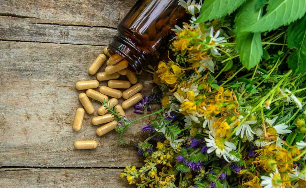 plants and pills spread on a table as natural alternatives for anxiety and depression