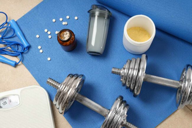 Concept of sports or fitness nutrition, top view